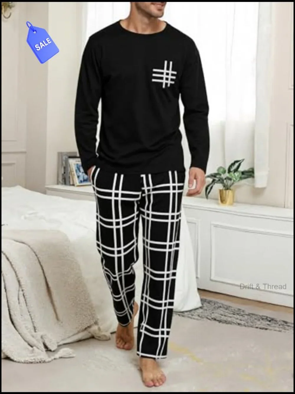 Men's 2-Piece Pajama Set Long Sleeve Plaid Pants with Pockets Soft Comfy Lounge